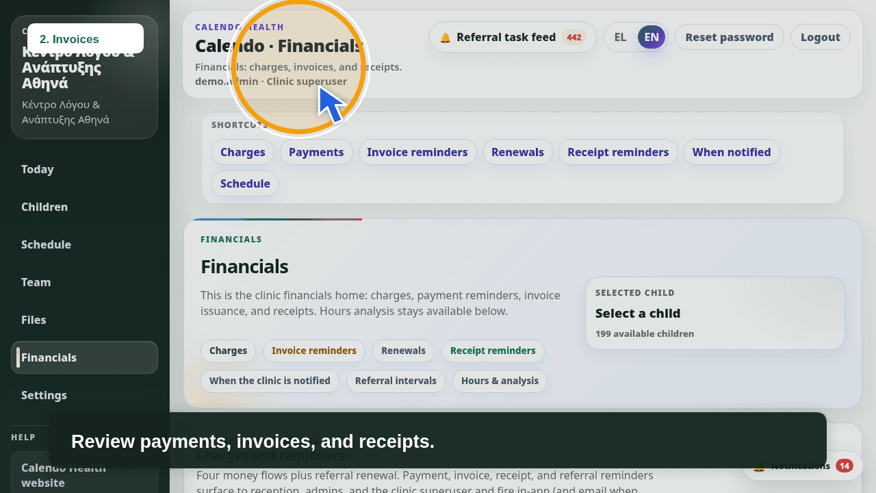 Calendo Health billing with charges, invoices, and receipts