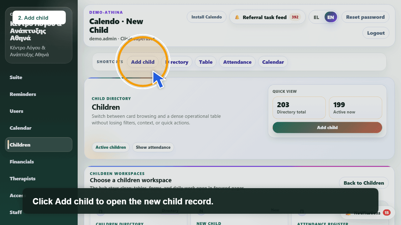 Calendo Health first-use web portal in Greek and English