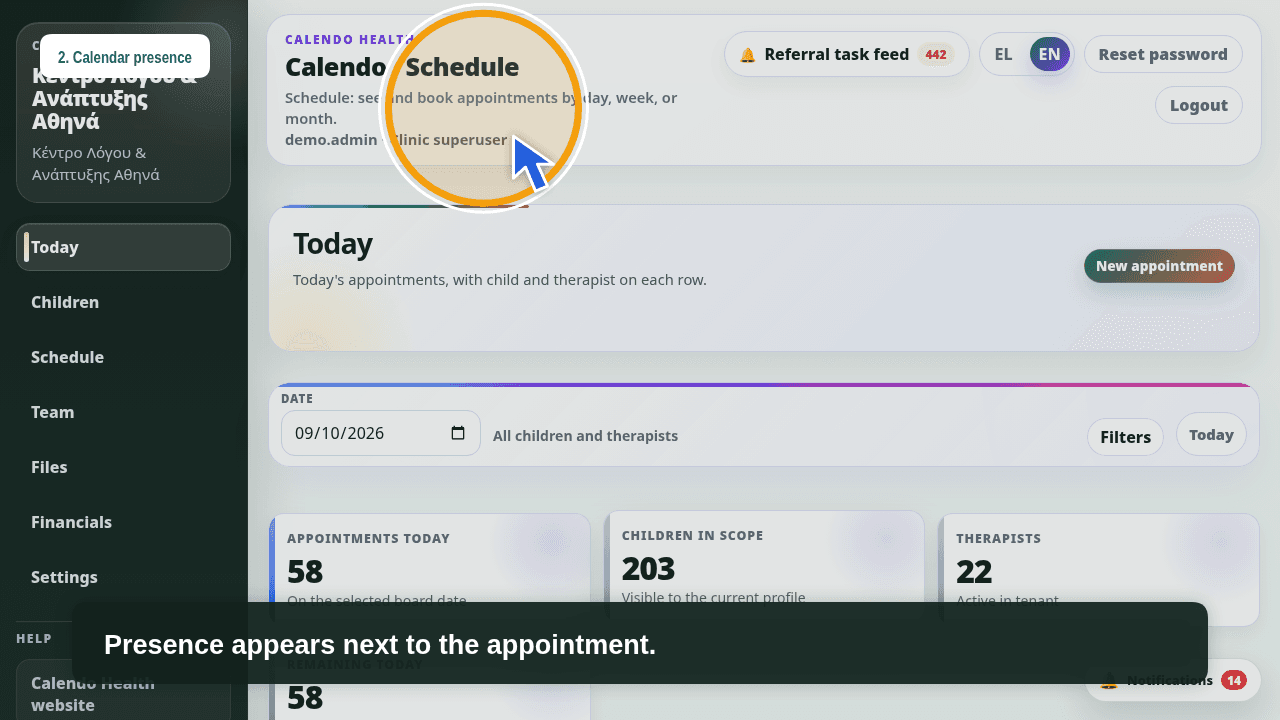 Calendo Health Today board and attendance