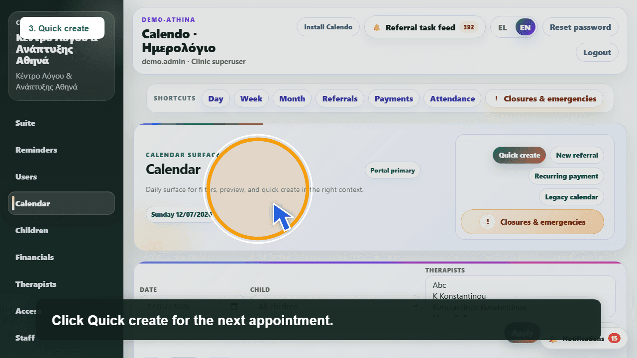 Calendo Health reception calendar for creating and moving appointments